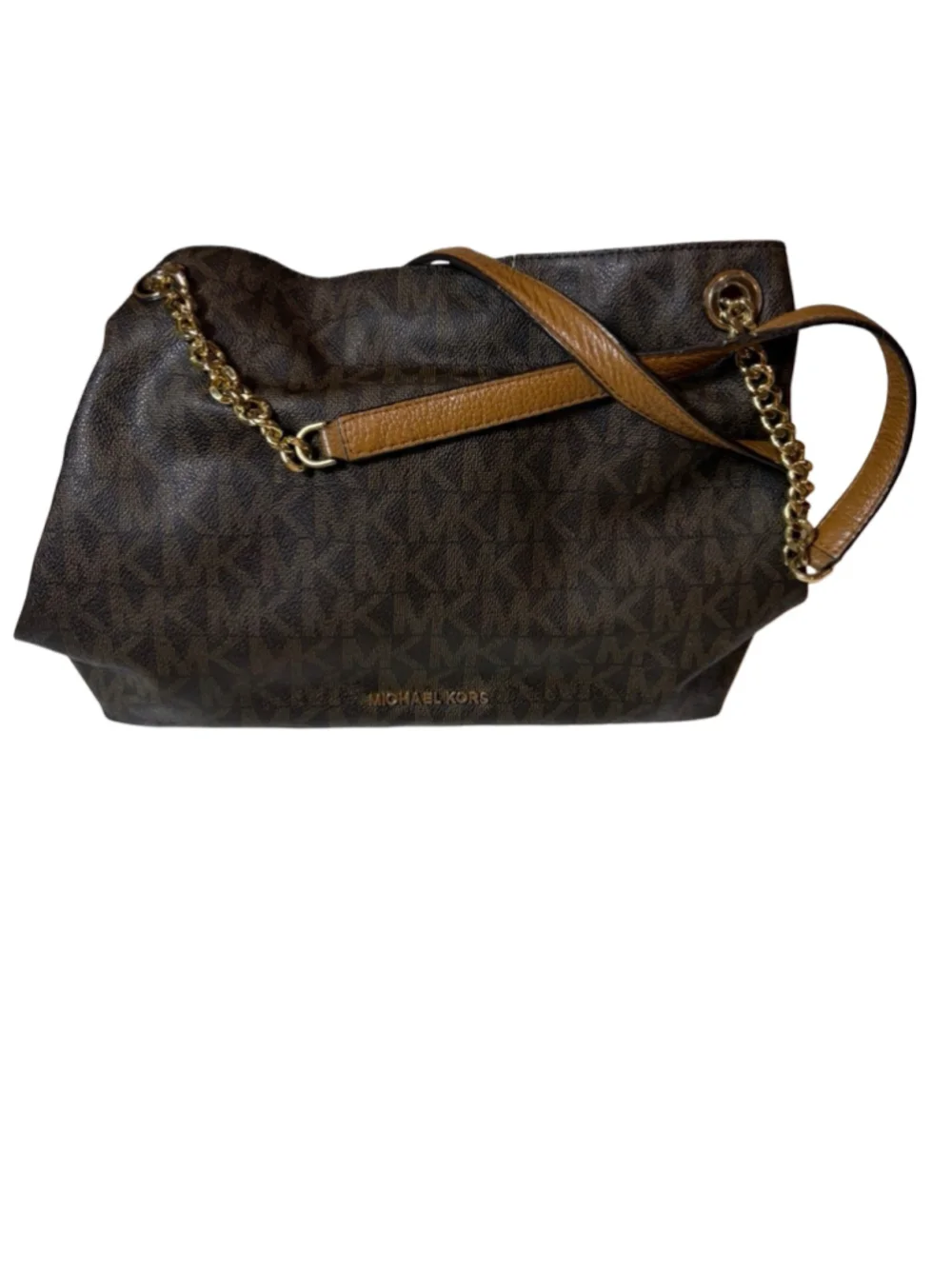 Michael Kors Brown Signature Logo Chain Shoulder Tote Bag Leather Trim